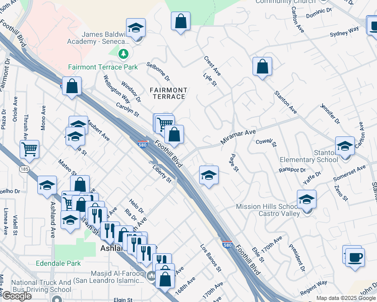 map of restaurants, bars, coffee shops, grocery stores, and more near 16318 Ridgehaven Drive in San Leandro