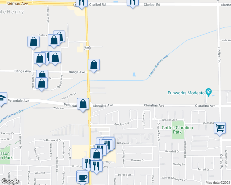 map of restaurants, bars, coffee shops, grocery stores, and more near 301 Claratina Avenue in Modesto