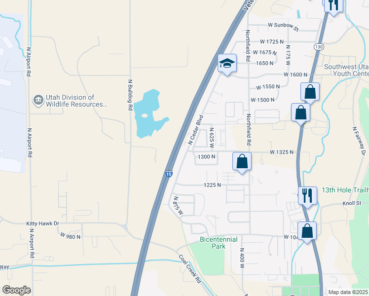 map of restaurants, bars, coffee shops, grocery stores, and more near 1341 North Cedar Boulevard in Cedar City