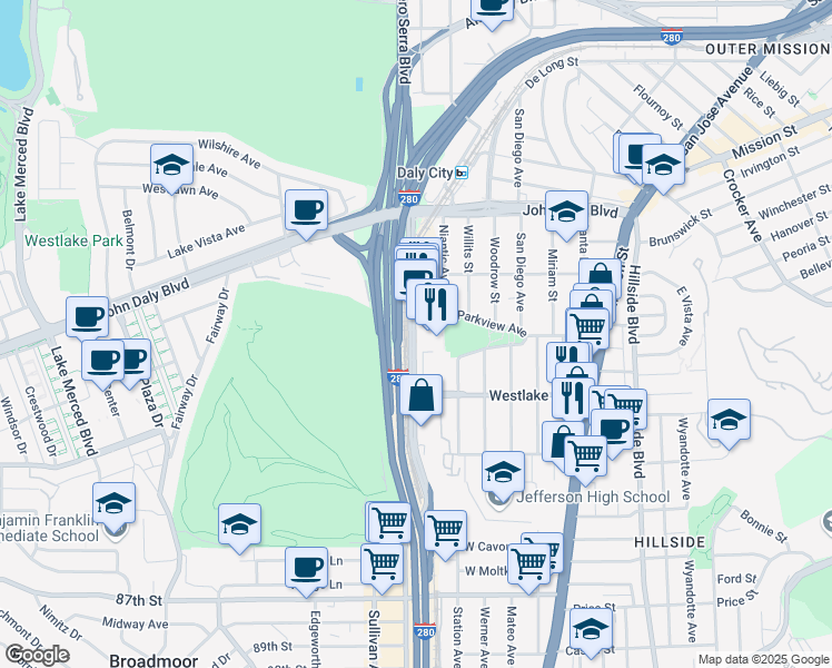 map of restaurants, bars, coffee shops, grocery stores, and more near 2001 Junipero Serra Boulevard in Daly City