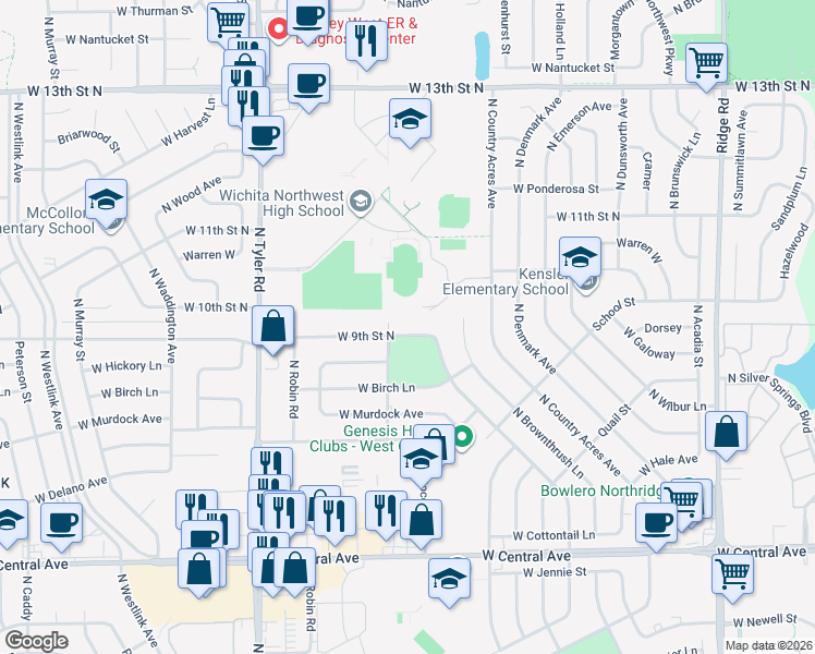 map of restaurants, bars, coffee shops, grocery stores, and more near 8240 West 9th Street North in Wichita