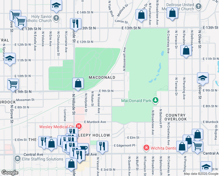 map of restaurants, bars, coffee shops, grocery stores, and more near 3421 East 9th Street North in Wichita