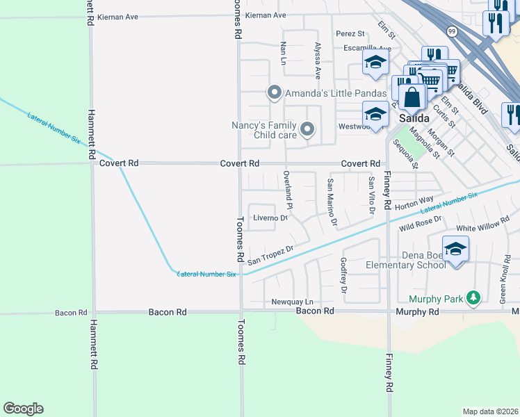 map of restaurants, bars, coffee shops, grocery stores, and more near 5421 Liverno Drive in Salida