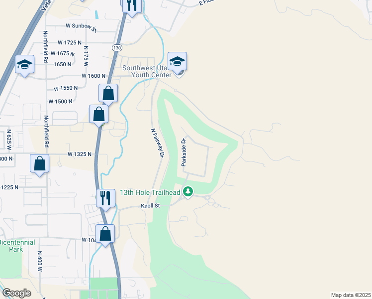 map of restaurants, bars, coffee shops, grocery stores, and more near 1315 Parkside Drive in Cedar City