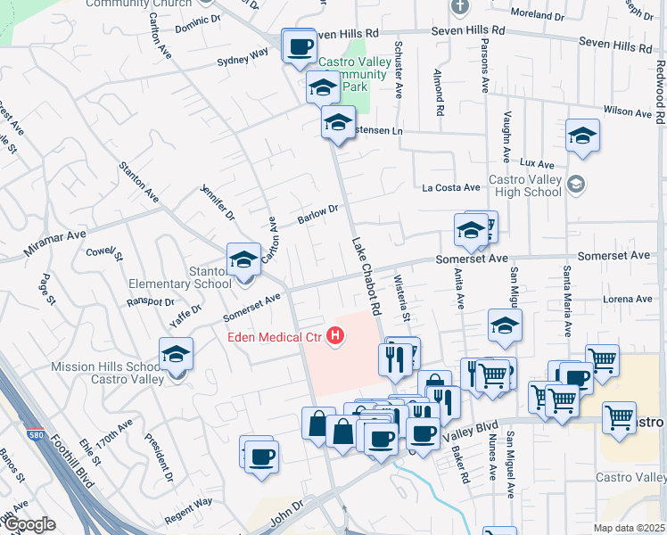 map of restaurants, bars, coffee shops, grocery stores, and more near 2776 Somerset Avenue in Castro Valley
