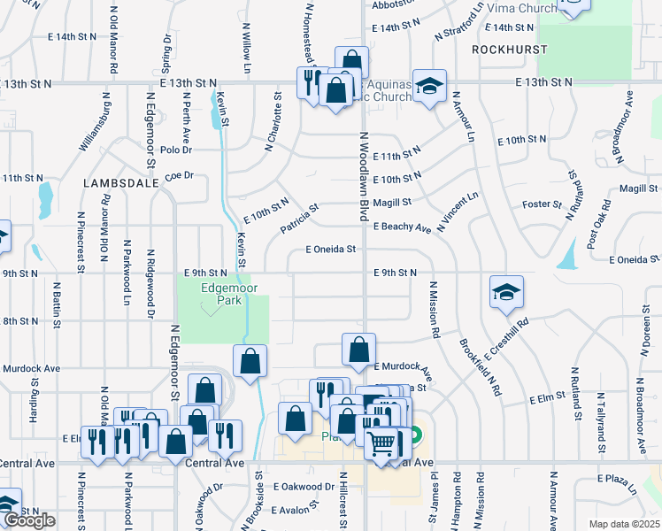 map of restaurants, bars, coffee shops, grocery stores, and more near 6201 E 9th Street North in Wichita