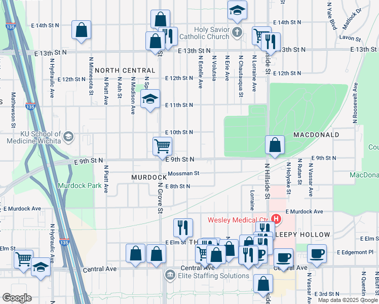 map of restaurants, bars, coffee shops, grocery stores, and more near 1012 North Green Street in Wichita