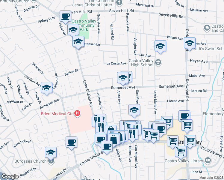 map of restaurants, bars, coffee shops, grocery stores, and more near 3245 Somerset Avenue in Castro Valley