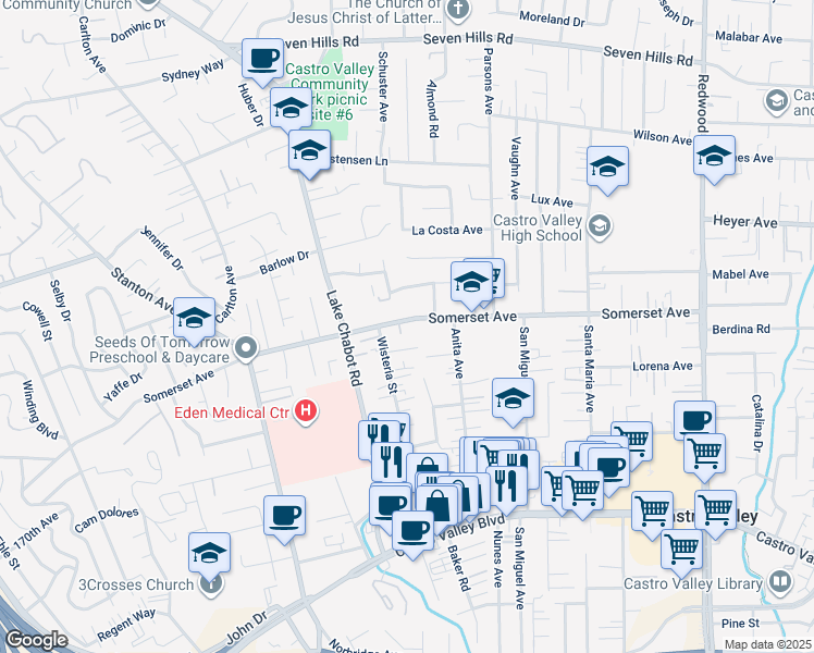 map of restaurants, bars, coffee shops, grocery stores, and more near 3245 Somerset Avenue in Castro Valley