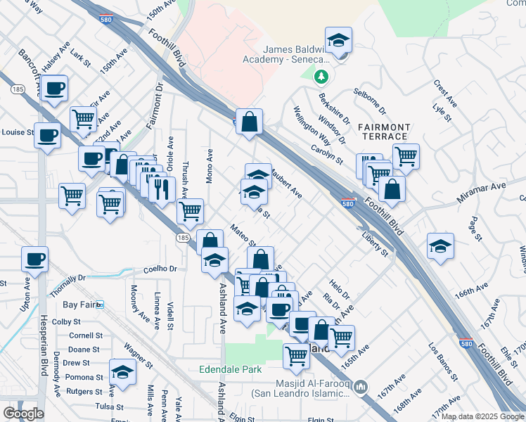 map of restaurants, bars, coffee shops, grocery stores, and more near 15989 Marcella Street in San Leandro