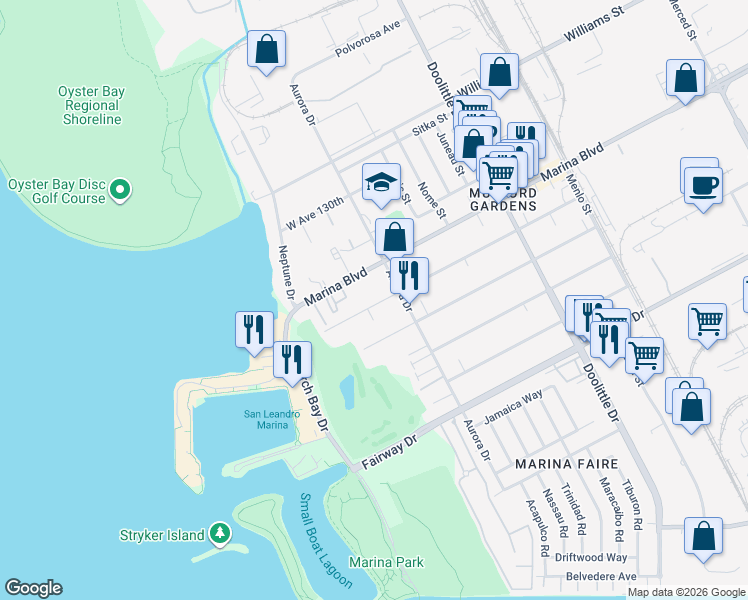 map of restaurants, bars, coffee shops, grocery stores, and more near 2546 West Avenue 133rd in San Leandro