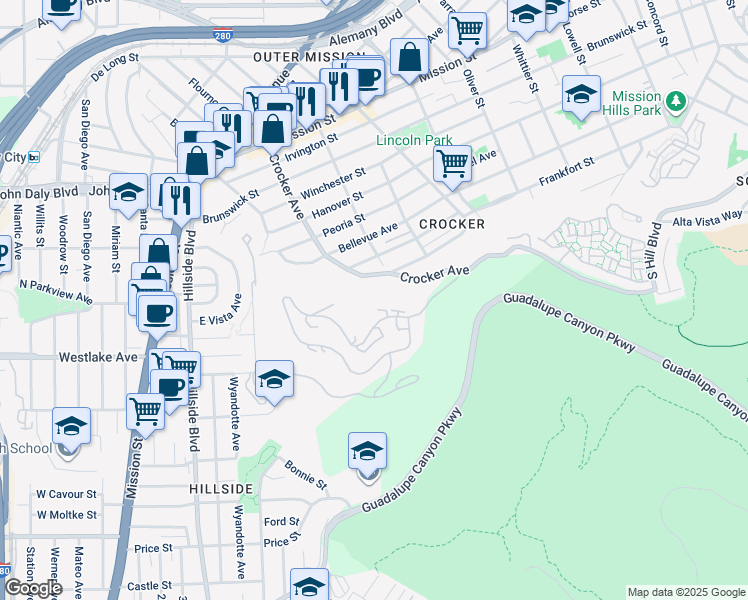 map of restaurants, bars, coffee shops, grocery stores, and more near 710 Pointe Pacific Drive in Daly City
