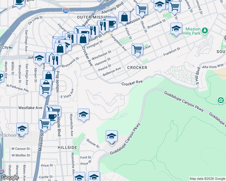 map of restaurants, bars, coffee shops, grocery stores, and more near 710 Pointe Pacific Drive in Daly City
