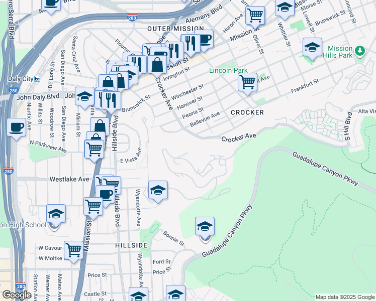 map of restaurants, bars, coffee shops, grocery stores, and more near 580 Pointe Pacific Drive in Daly City