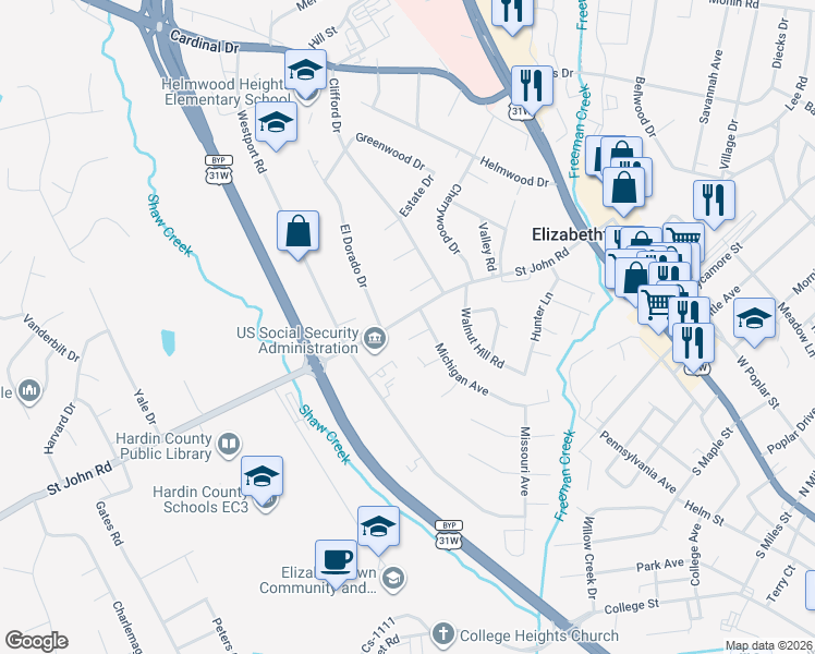 map of restaurants, bars, coffee shops, grocery stores, and more near 502 Delaware Court in Elizabethtown