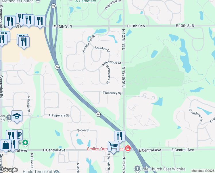 map of restaurants, bars, coffee shops, grocery stores, and more near 12510 E Killarney St in Wichita