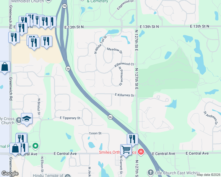 map of restaurants, bars, coffee shops, grocery stores, and more near 12406 E Killarney St in Wichita