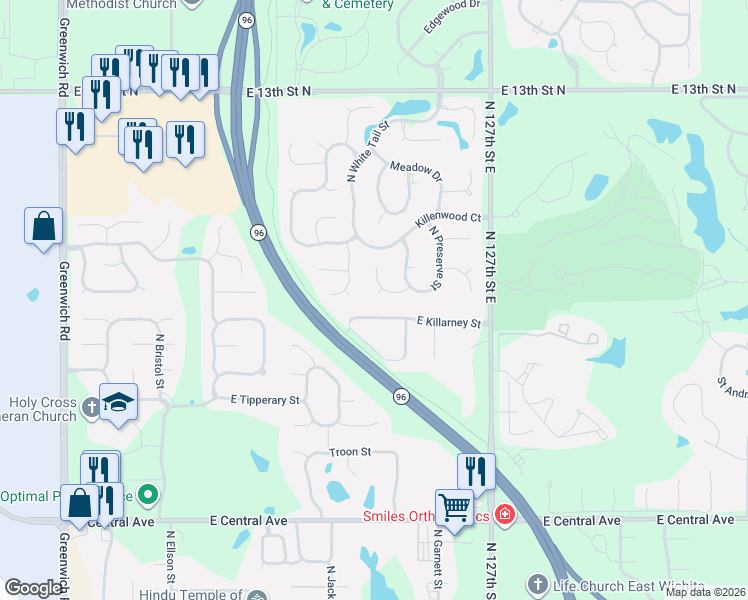 map of restaurants, bars, coffee shops, grocery stores, and more near 12406 E Killarney St in Wichita