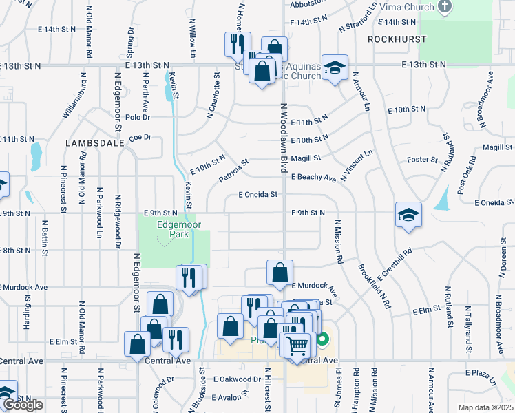 map of restaurants, bars, coffee shops, grocery stores, and more near 6201 E 9th Street North in Wichita