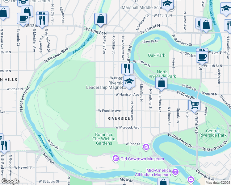 map of restaurants, bars, coffee shops, grocery stores, and more near 959 Coolidge Street in Wichita