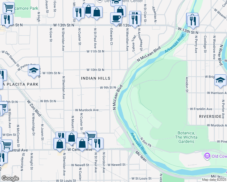map of restaurants, bars, coffee shops, grocery stores, and more near 832 North Edwards in Wichita