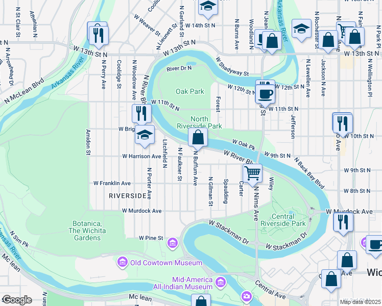 map of restaurants, bars, coffee shops, grocery stores, and more near 1309 Harrison Street in Wichita