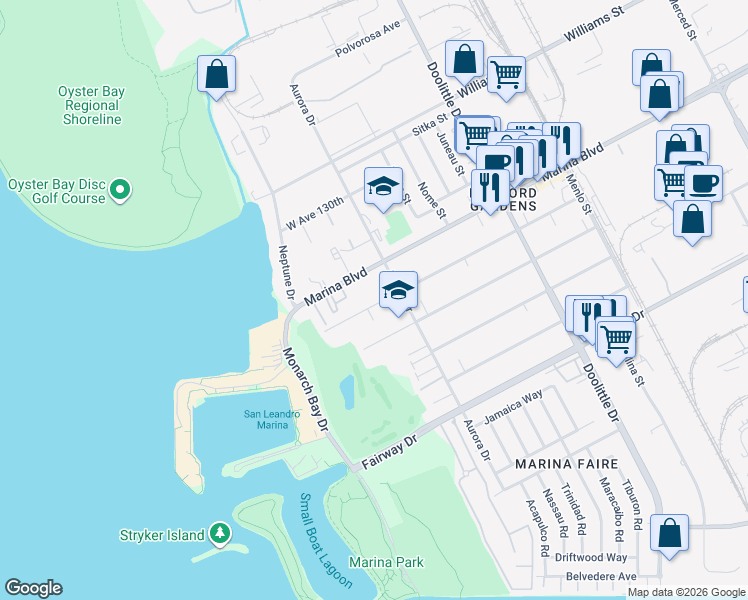 map of restaurants, bars, coffee shops, grocery stores, and more near 2546 West Avenue 133rd in San Leandro
