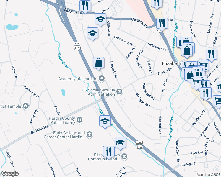 map of restaurants, bars, coffee shops, grocery stores, and more near 9 Westport Road in Elizabethtown