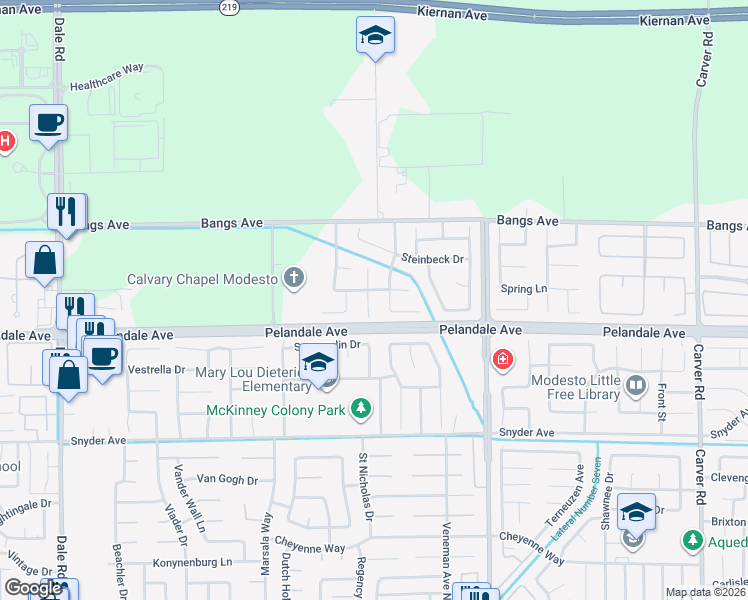 map of restaurants, bars, coffee shops, grocery stores, and more near 4204 Laguna Seca Court in Modesto