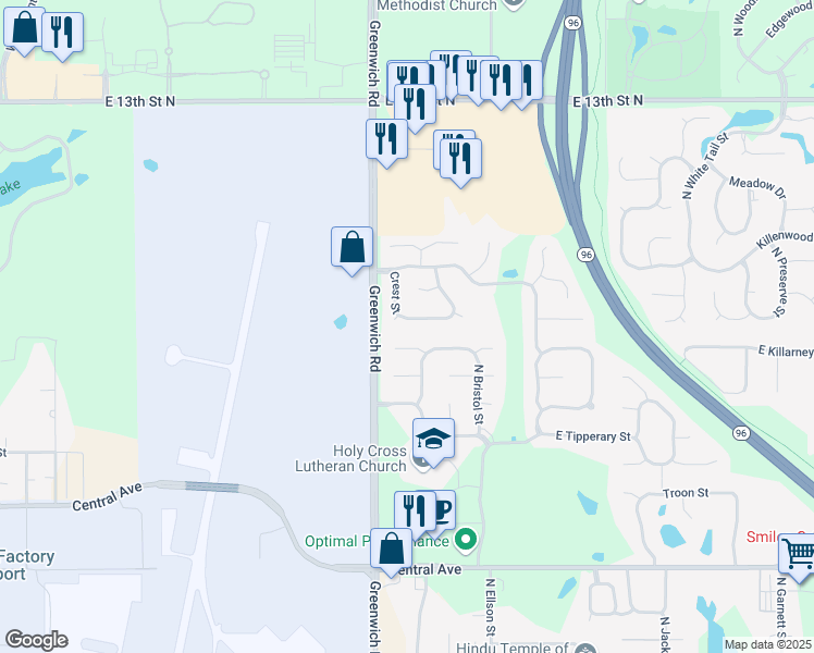 map of restaurants, bars, coffee shops, grocery stores, and more near 11303 Donegal Street in Wichita