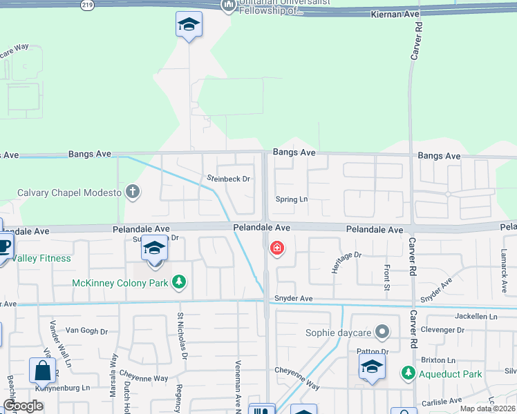 map of restaurants, bars, coffee shops, grocery stores, and more near 4200 Blake Drive in Modesto