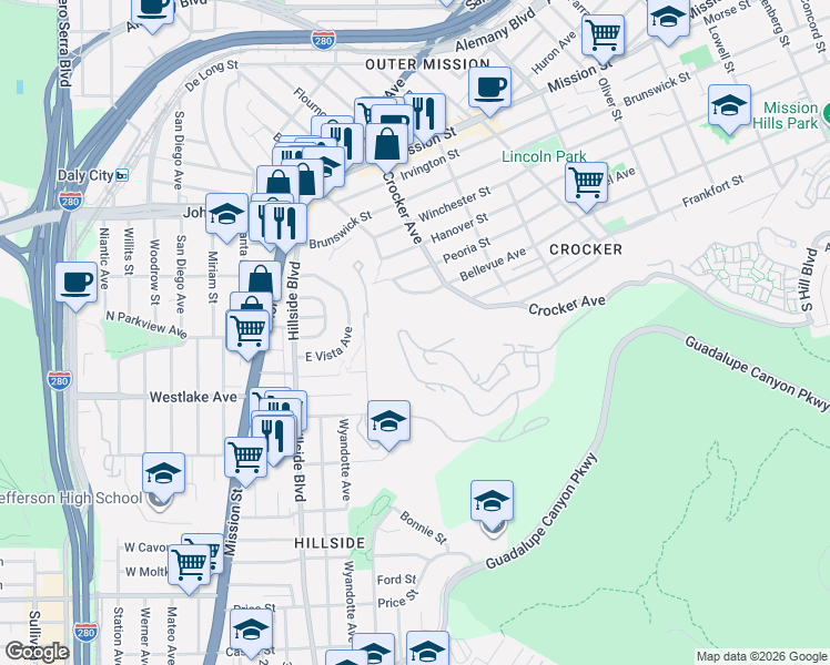 map of restaurants, bars, coffee shops, grocery stores, and more near 440 Pointe Pacific Drive in Daly City