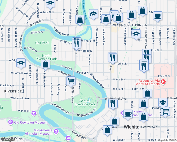 map of restaurants, bars, coffee shops, grocery stores, and more near 702 West 9th Street North in Wichita