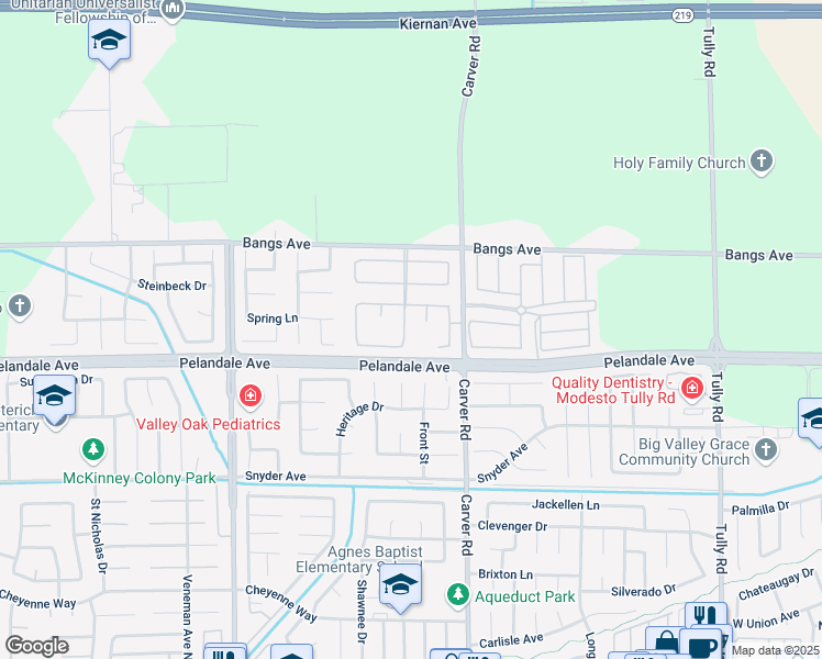 map of restaurants, bars, coffee shops, grocery stores, and more near 4312 Versailles Drive in Modesto