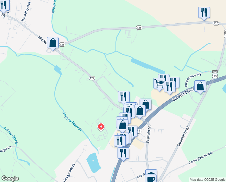 map of restaurants, bars, coffee shops, grocery stores, and more near 53 Duncan Manor Drive in Onancock