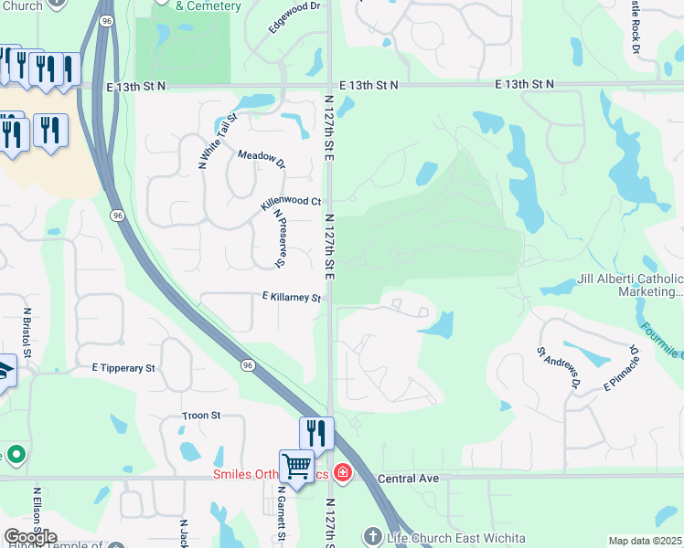 map of restaurants, bars, coffee shops, grocery stores, and more near 955 North 127th Street East in Wichita