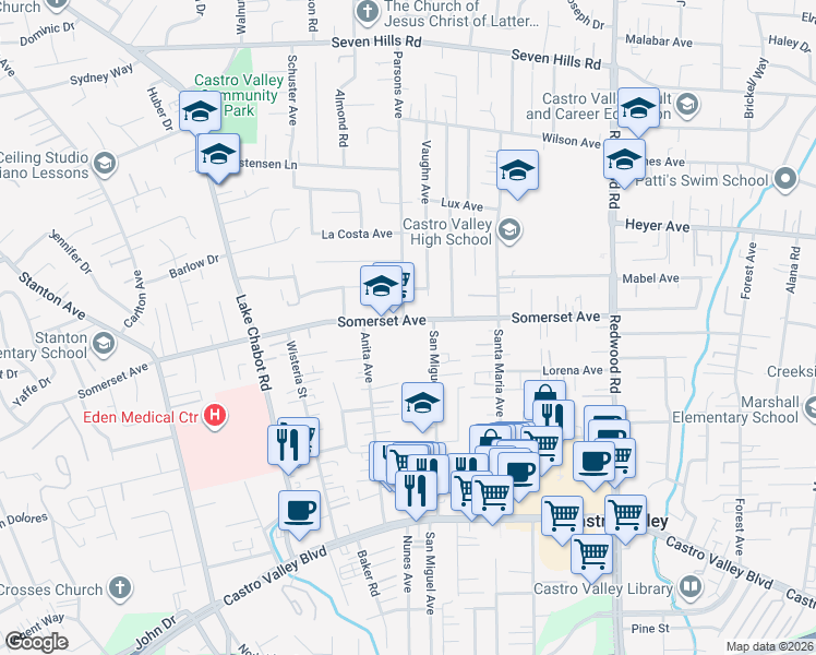 map of restaurants, bars, coffee shops, grocery stores, and more near 19807 San Miguel Avenue in Castro Valley
