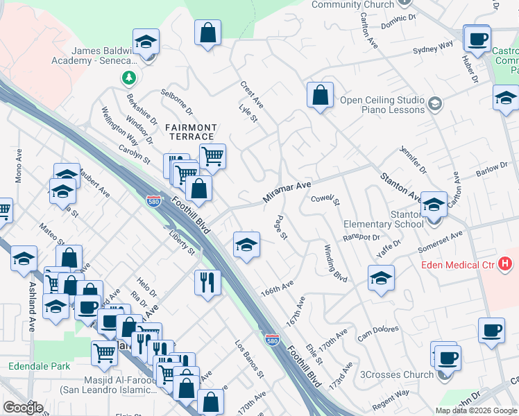 map of restaurants, bars, coffee shops, grocery stores, and more near 2300 Miramar Avenue in San Leandro