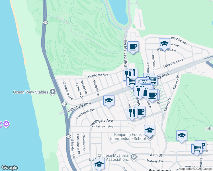 map of restaurants, bars, coffee shops, grocery stores, and more near 159 Glenwood Avenue in Daly City