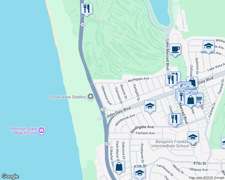 map of restaurants, bars, coffee shops, grocery stores, and more near 368 Glenwood Avenue in Daly City