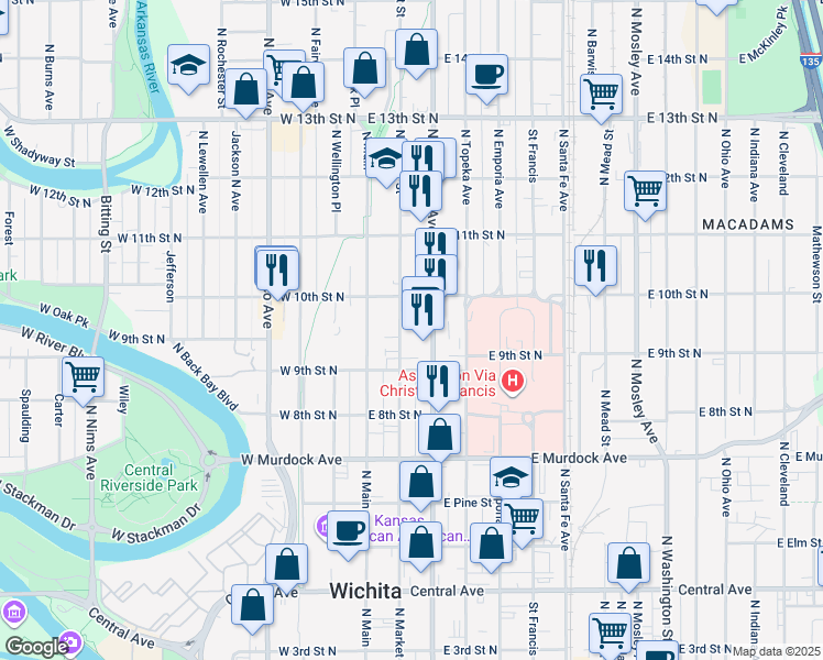 map of restaurants, bars, coffee shops, grocery stores, and more near 1018 North Market Street in Wichita