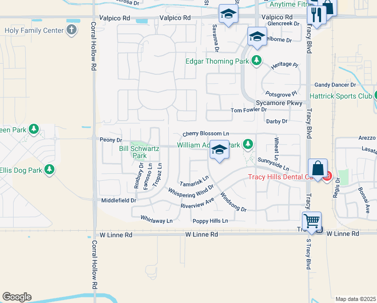 map of restaurants, bars, coffee shops, grocery stores, and more near 1582 Peony Drive in Tracy