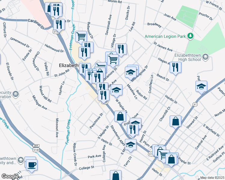 map of restaurants, bars, coffee shops, grocery stores, and more near 417-499 W Poplar St in Elizabethtown