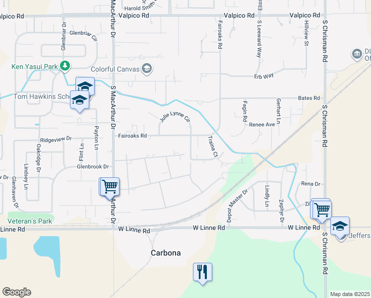 map of restaurants, bars, coffee shops, grocery stores, and more near 8485 West Ranch Road in Tracy