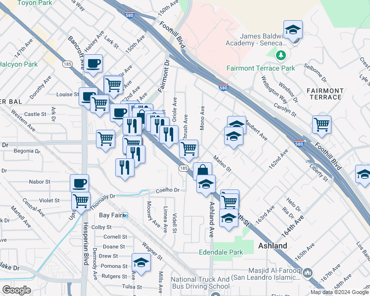 map of restaurants, bars, coffee shops, grocery stores, and more near 1410 Thrush Avenue in San Leandro