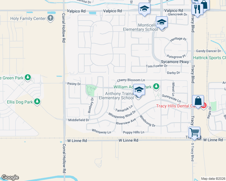 map of restaurants, bars, coffee shops, grocery stores, and more near 4111 Cherry Blossom Lane in Tracy