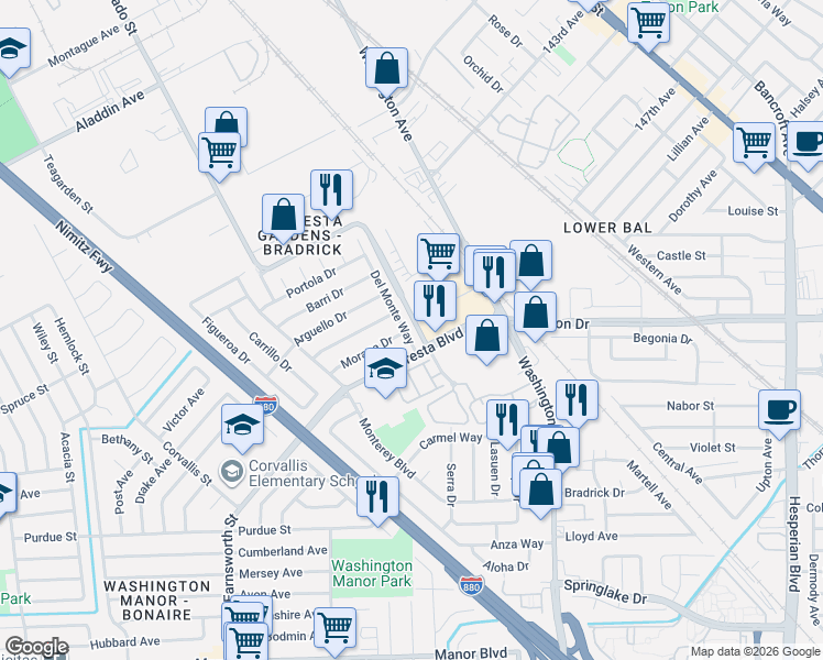 map of restaurants, bars, coffee shops, grocery stores, and more near 3672 Del Monte Way in San Leandro