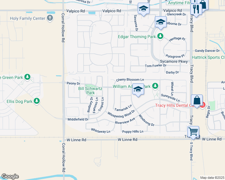 map of restaurants, bars, coffee shops, grocery stores, and more near 4111 Cherry Blossom Lane in Tracy