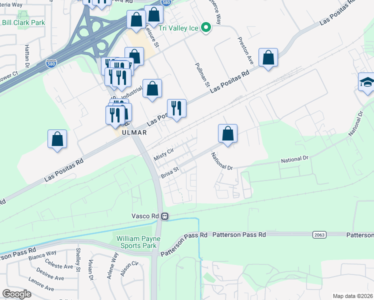 map of restaurants, bars, coffee shops, grocery stores, and more near 743 Misty Circle in Livermore