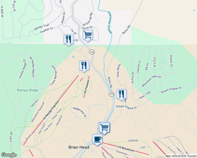 map of restaurants, bars, coffee shops, grocery stores, and more near 241 Utah 143 in Brian Head